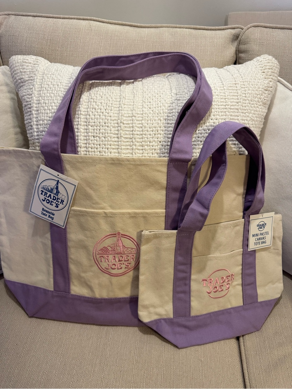 Trader Joe's “Purple Rain” Cream/Lavender Canvas Tote Set. Limited Edition.